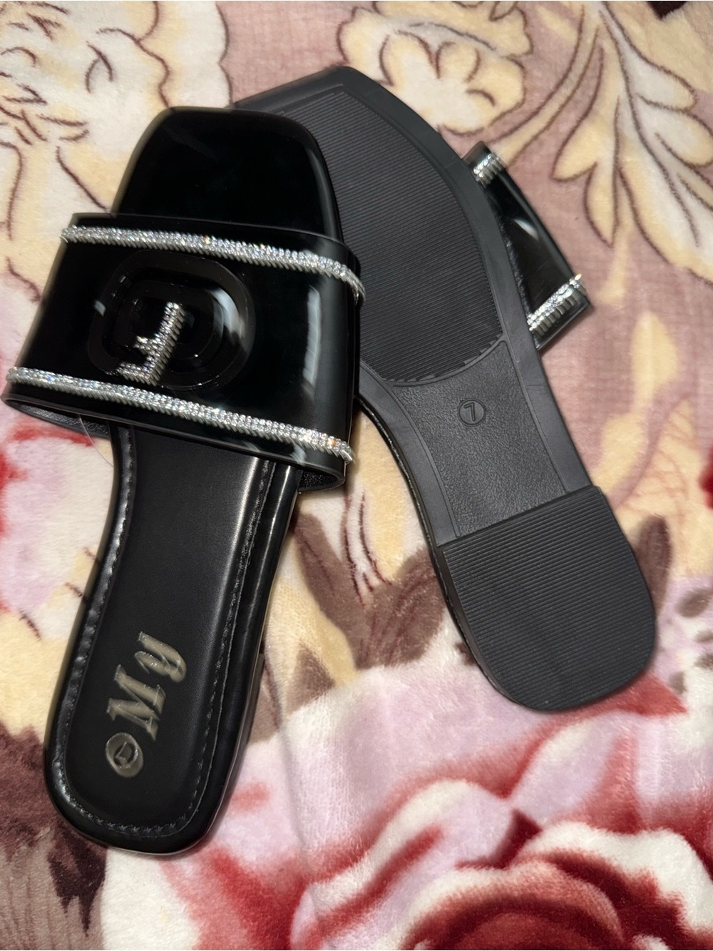 Black Rhinestone-Trim Slide Sandals
